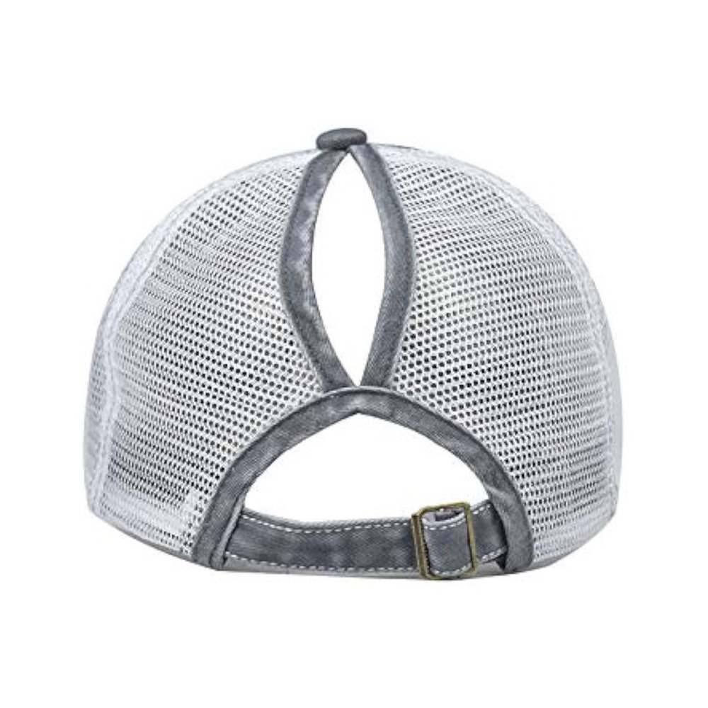 Distressed American Flag Ponytail Trucker Hat Grey White Mesh Adjustable Cap - Picture 3 of 6